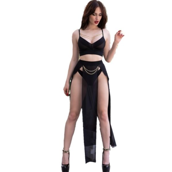 CHILIROSE – CR 4672 SAIA TOP PRETA E TANGA COM CORRENTES DOURADAS S