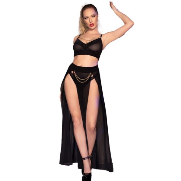 CHILIROSE – CR 4672 SAIA TOP PRETA E TANGA COM CORRENTES DOURADAS S